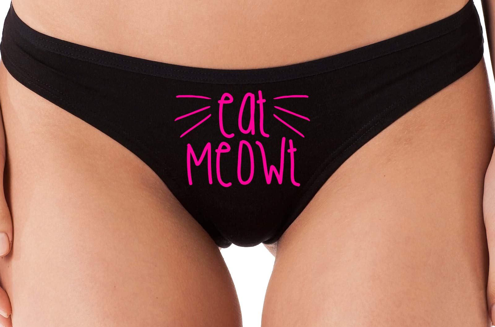 Knaughty Knickers 'Eat Meowt' Pussy Cat Whiskers Kitten Lingerie - Sexy Pet Play Thong for Roleplay & BDSM Fun - Perfect for Cosplay, Adult Games & Spicy Date Nights