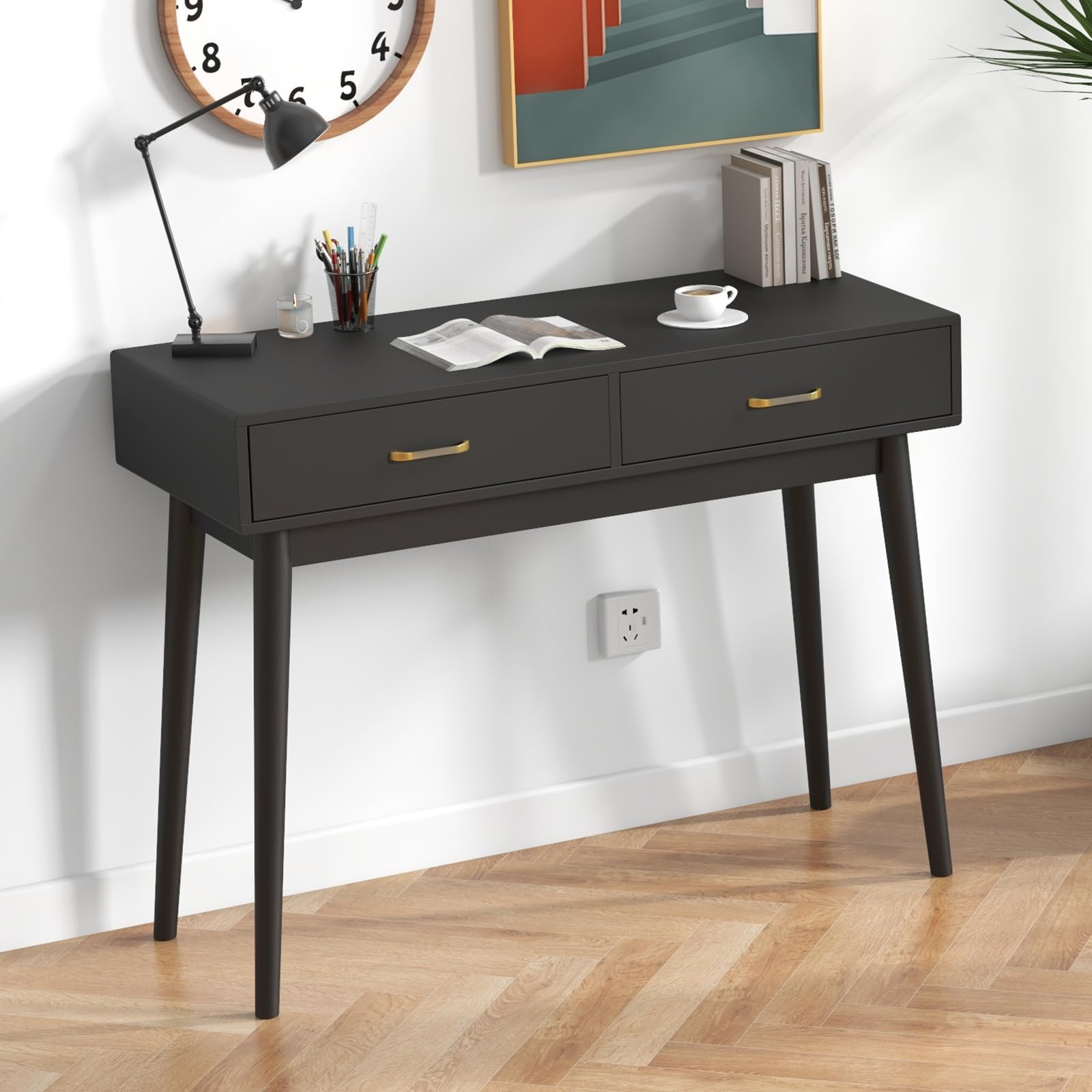 40 Inch Small Desk with Drawers - Modern Home Office Study Writing Desk for Bedroom, Black Computer Desk with 4 Solid Legs, Space-Saving Vanity Desk for Small Spaces | Perfect for Home Office, Dorm Room & Apartment Workspace