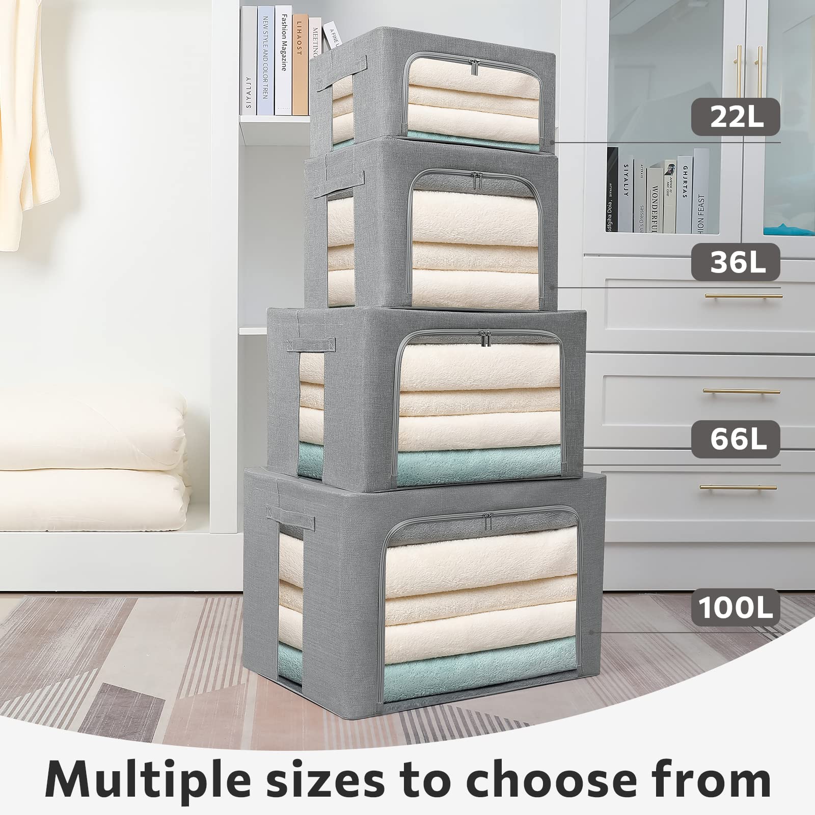 2 Pack Clear Stackable Fabric Storage Bins with Handles - Foldable Clothes Organizer Box (36L, Gray, 15.7x11.8x11.7 Inch) - Perfect for Closet, Bedroom, Nursery & Office Organization