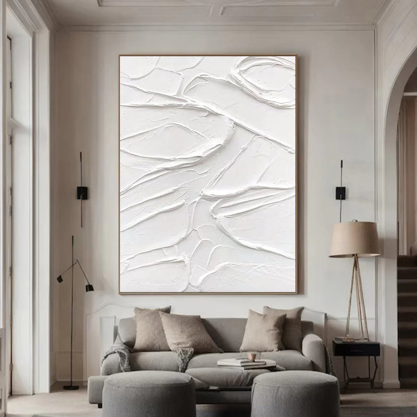 White Minimalist Textured Painting Canvas Wall Art - Modern Abstract Vertical Decor for Living Room, Bedroom & Office | #MM003