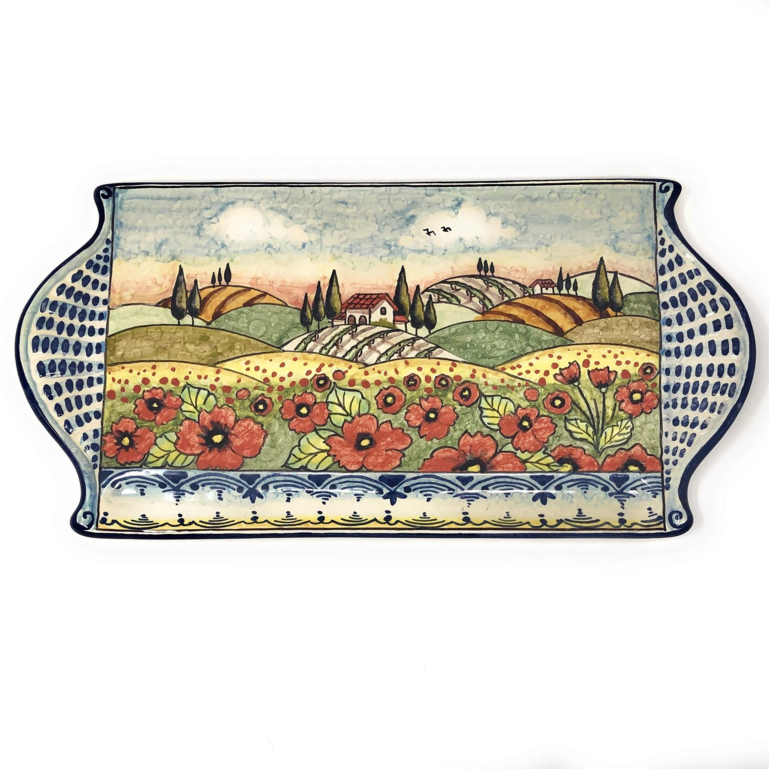 Hand-Painted Italian Ceramic Cheese Tray - Tuscan Poppies Landscape Appetizer Plate | Artisanal Pottery Centerpiece for Dining & Entertaining | CERAMICHE D'ARTE PARRINI Made in Italy