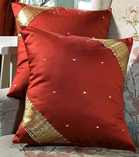 Handmade Boho Sari Pillow Covers Set of 2 - 24x24 Inch Rust Orange Throw Pillow Covers with Zipper Closure - Indian Sari Home Decor for Living Room, Bedroom, Sofa & Couch Accessories