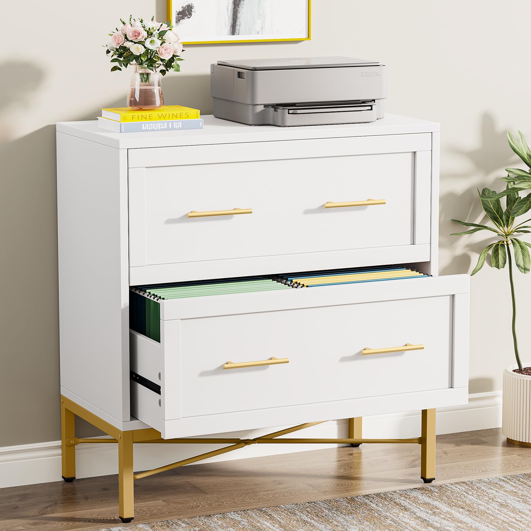 Tribesigns 2-Drawer Lateral File Cabinet - White & Gold Modern Wood Storage Cabinet for Letter/Legal/A4 Files, Printer Stand for Home & Office - Perfect for Organizing Documents, Office Supplies & Workspace Decor