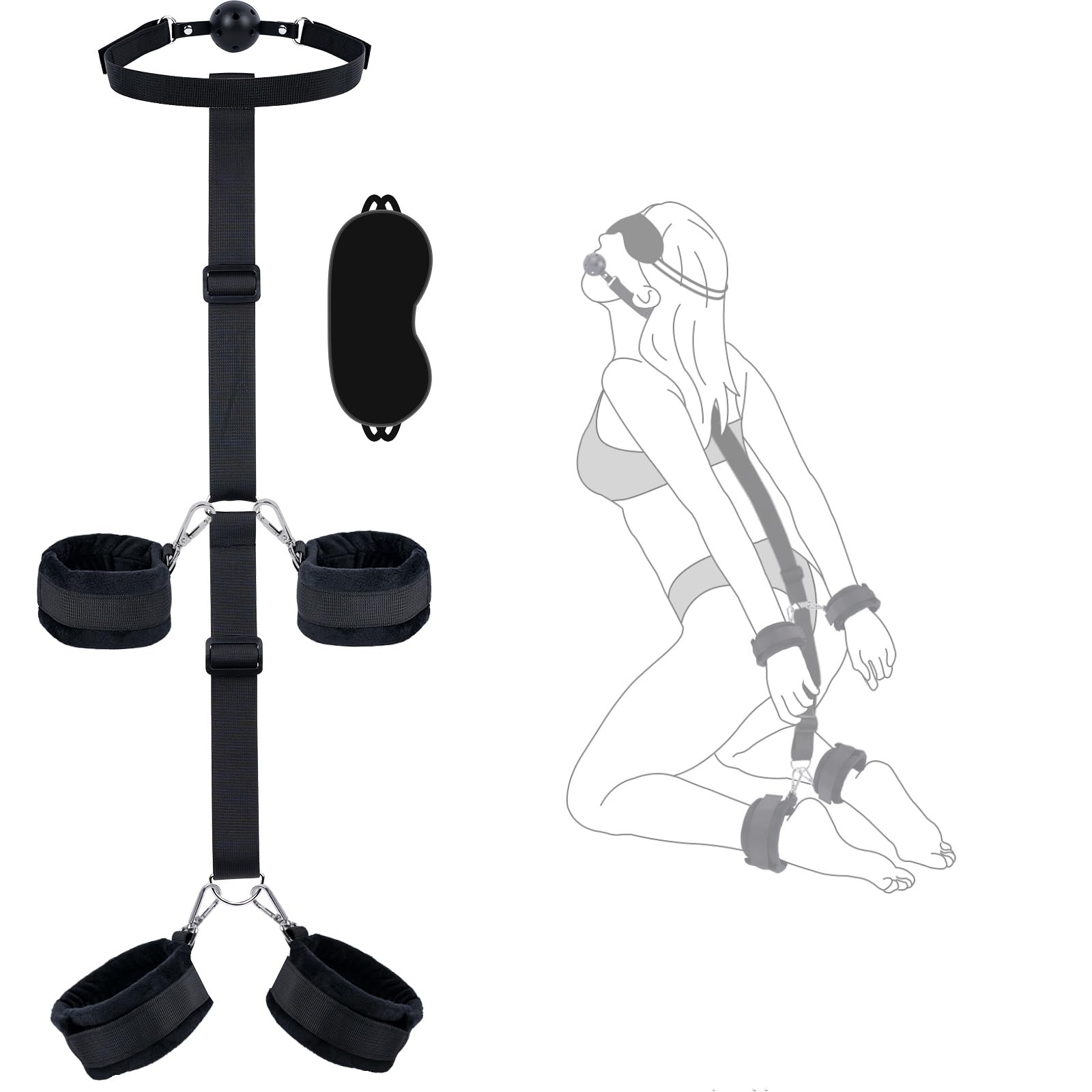 BDSM Bondage Restraints Kit - Adjustable Wrist & Ankle Cuffs with Handcuffs, Blindfold & Ball Gag - Adult SM Toys for Couples - Perfect for Bedroom Games, Role Play & Spicing Up Your Intimate Life