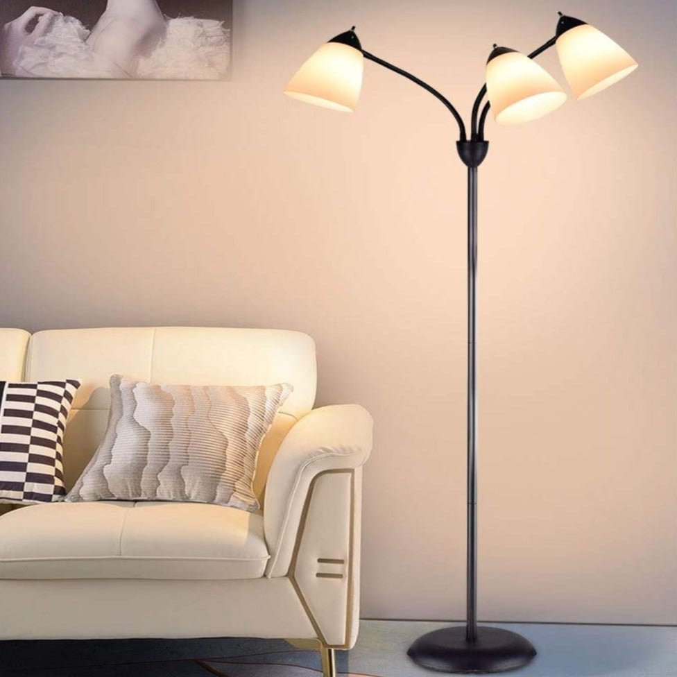 Modern Adjustable Floor Lamp with 3 Flexible Gooseneck Lights - Black Metal Base & White Shades for Living Room, Bedroom, Office - Perfect Reading Light for Home & Workspace