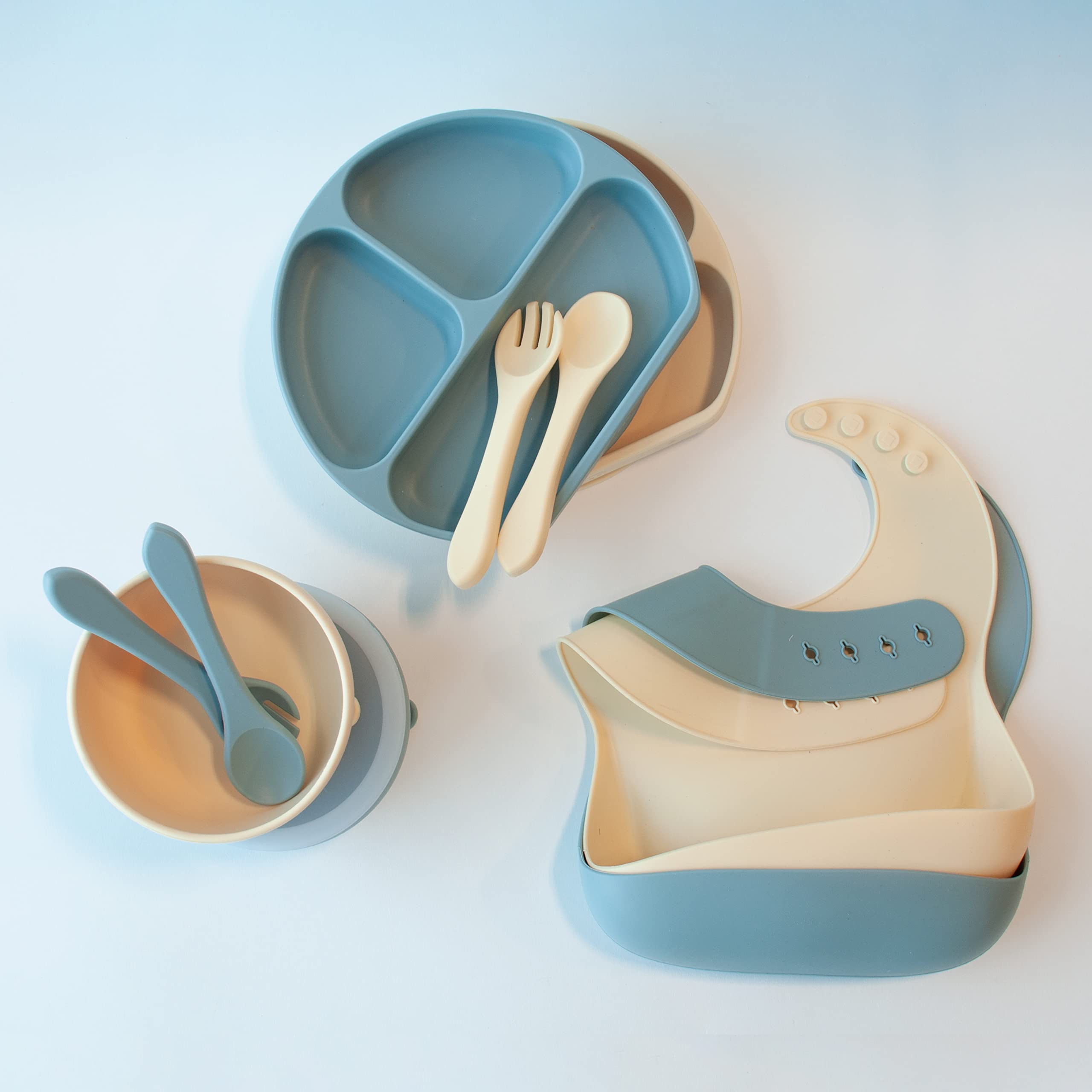 10-Piece BPA-Free Silicone Baby Feeding Set - 2 Suction Plates, 2 Bowls, 2 Bibs, 2 Spoons & 2 Forks | Microwave & Dishwasher Safe | Perfect for Toddlers & Infants at Home or Travel | o1baby