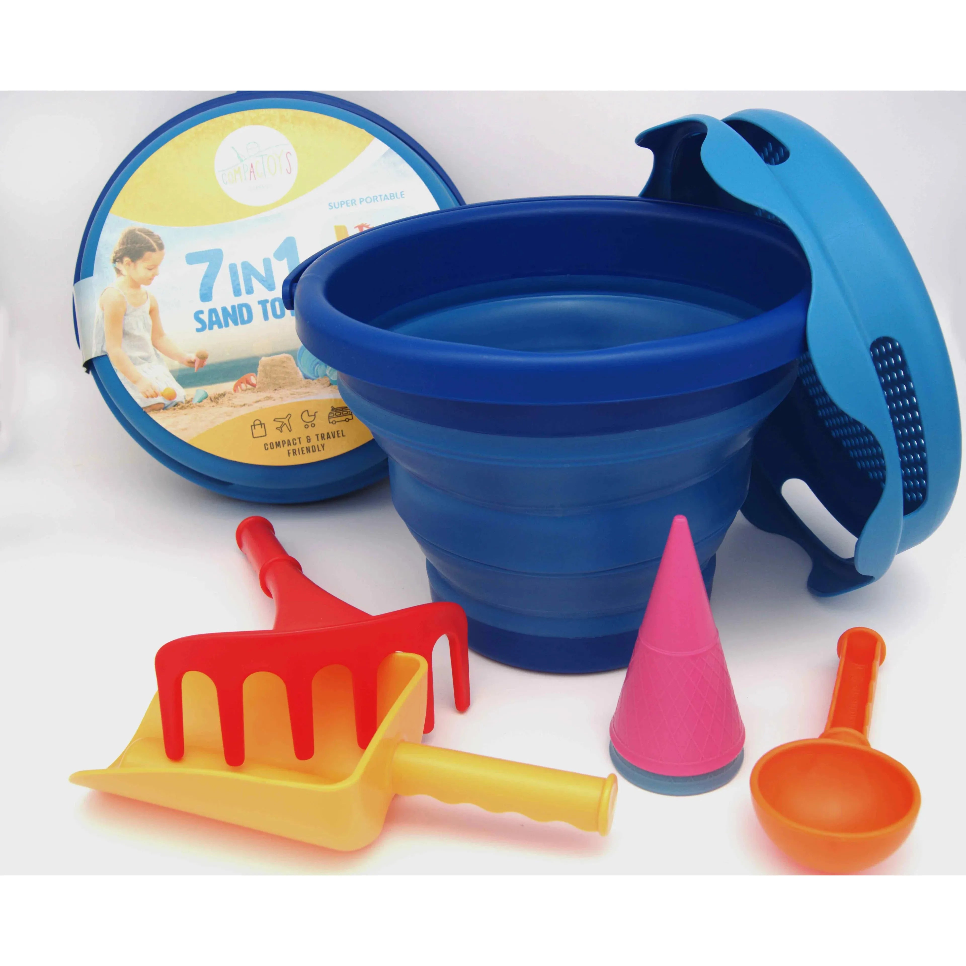 7 in 1 Beach Sand Toy Set for Kids - Compactoys Colorful Shovel, Bucket, Rake & Castle Molds - Perfect for Beach, Sandbox & Outdoor Play