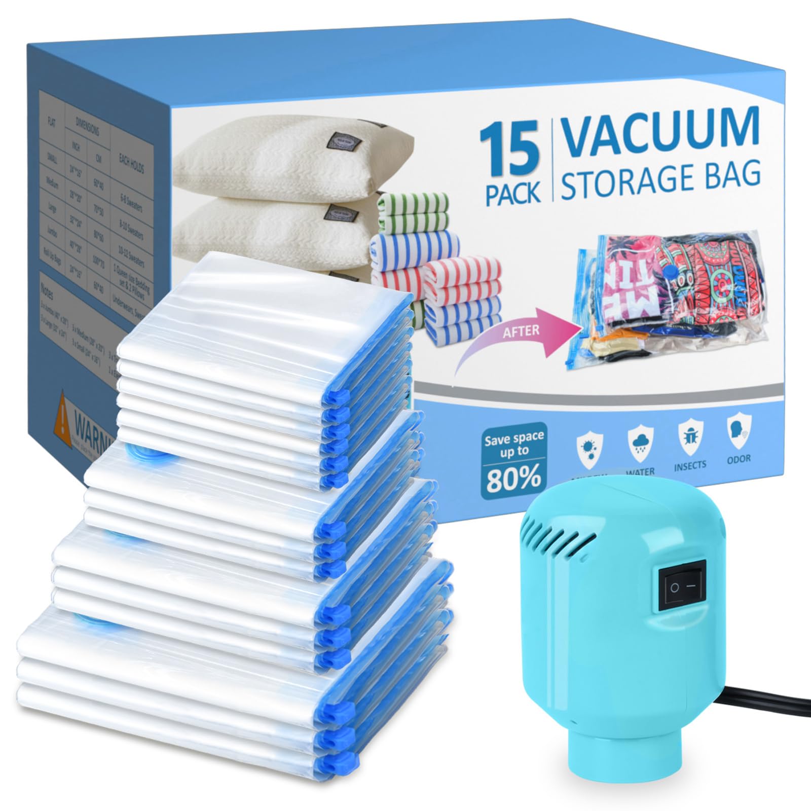 15 Pack Vacuum Seal Bags with Electric Pump - 3 Jumbo, 3 Large, 3 Medium, 3 Small, 3 Roll Up Storage Bags for Clothes, Blankets & Bedding | Space Saving Travel & Luggage Organizer | Perfect for Moving, Seasonal Storage & Compact Packing