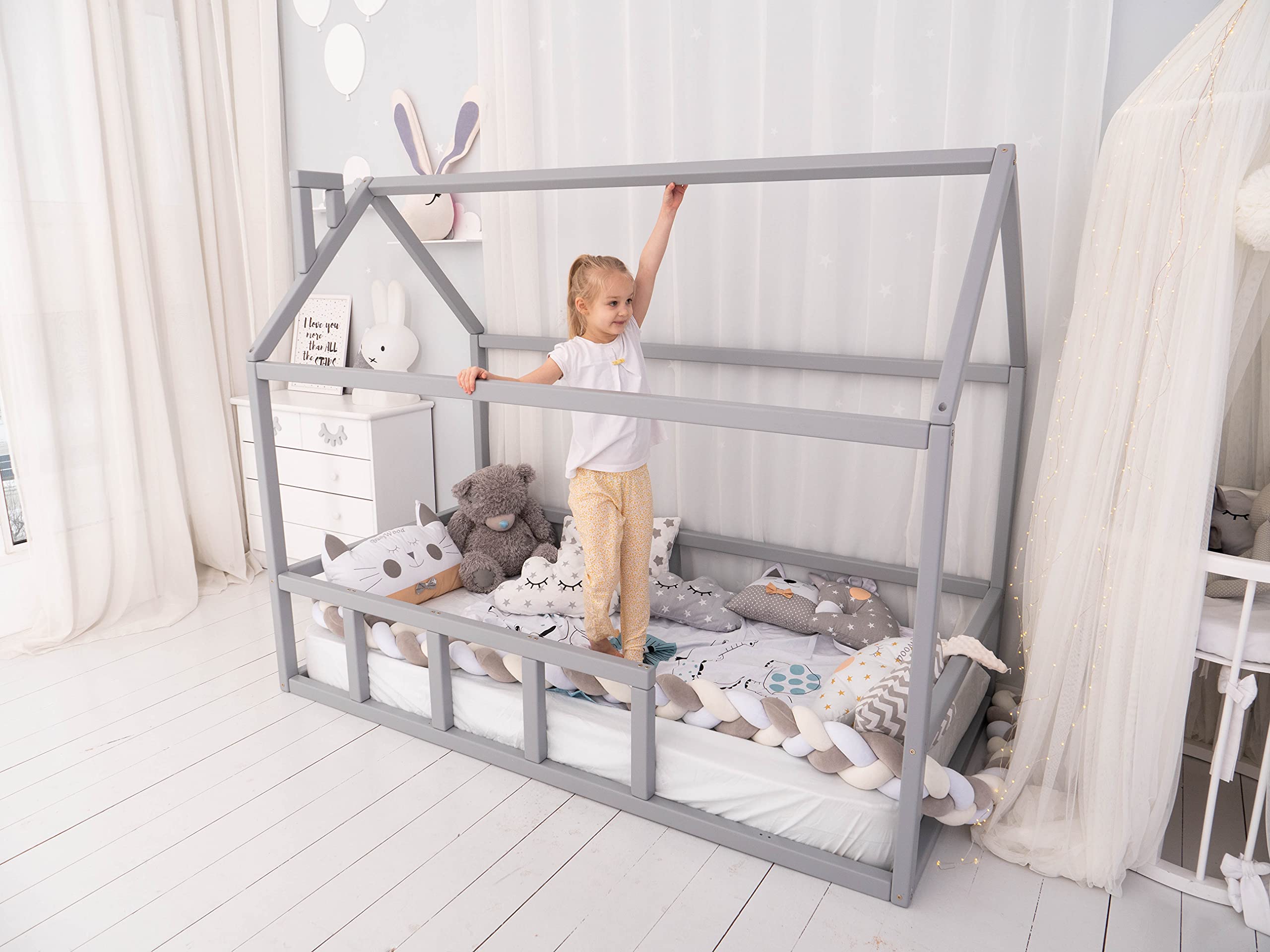 BUSYWOOD Montessori Twin House Bed - Toddler Floor Bed Frame for Kids - Grey Model 2 | Safe & Sturdy Kids Furniture for Playroom & Bedroom | Perfect Montessori Bed for Toddlers' Sleep & Play Space