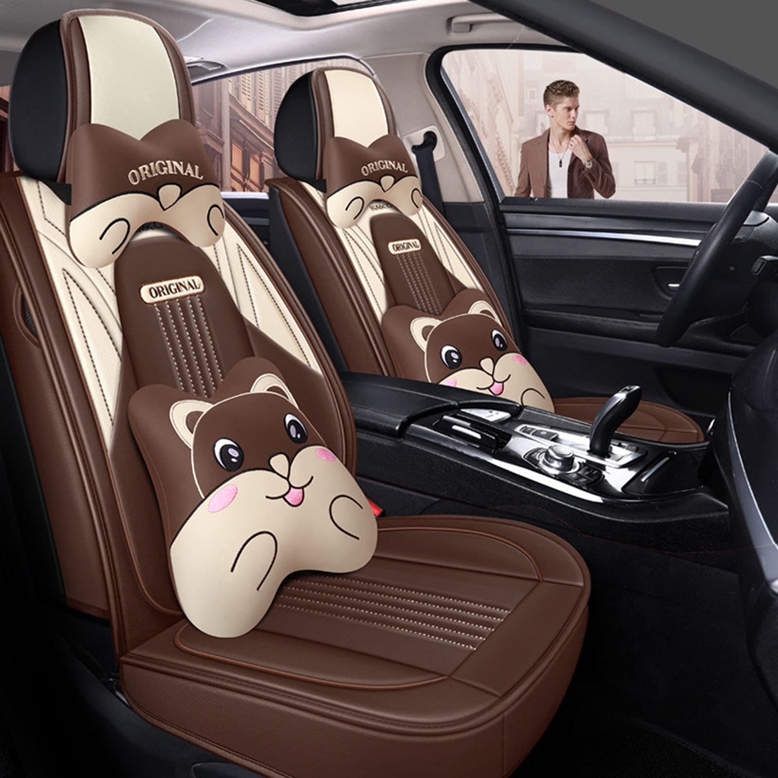 Universal 5-Piece Car Seat Covers Set - Front & Back Leather Seat Protectors | Waterproof, Airbag Compatible, All-Season Protection (Brown) | Perfect for SUVs, Sedans & Trucks