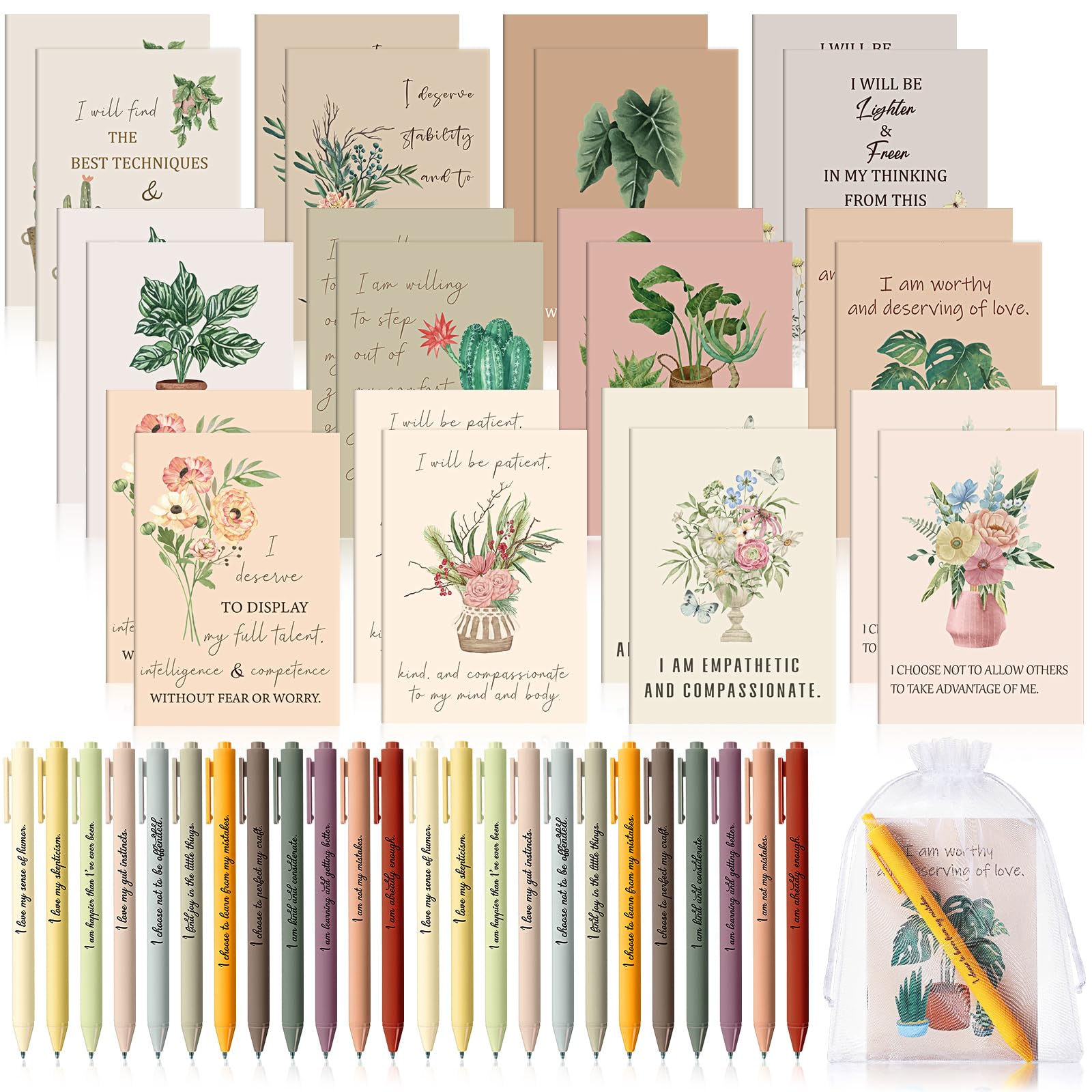 48 Pcs Positive Affirmation Gift Set - Gratitude Notebooks with Pens, Motivational Notepads & Small Bags - Daily Affirmations Journal for Women - Stress Relief & Self Care Gift (Flower Design) - Perfect for Meditation, Yoga, Therapy & Personal Growth