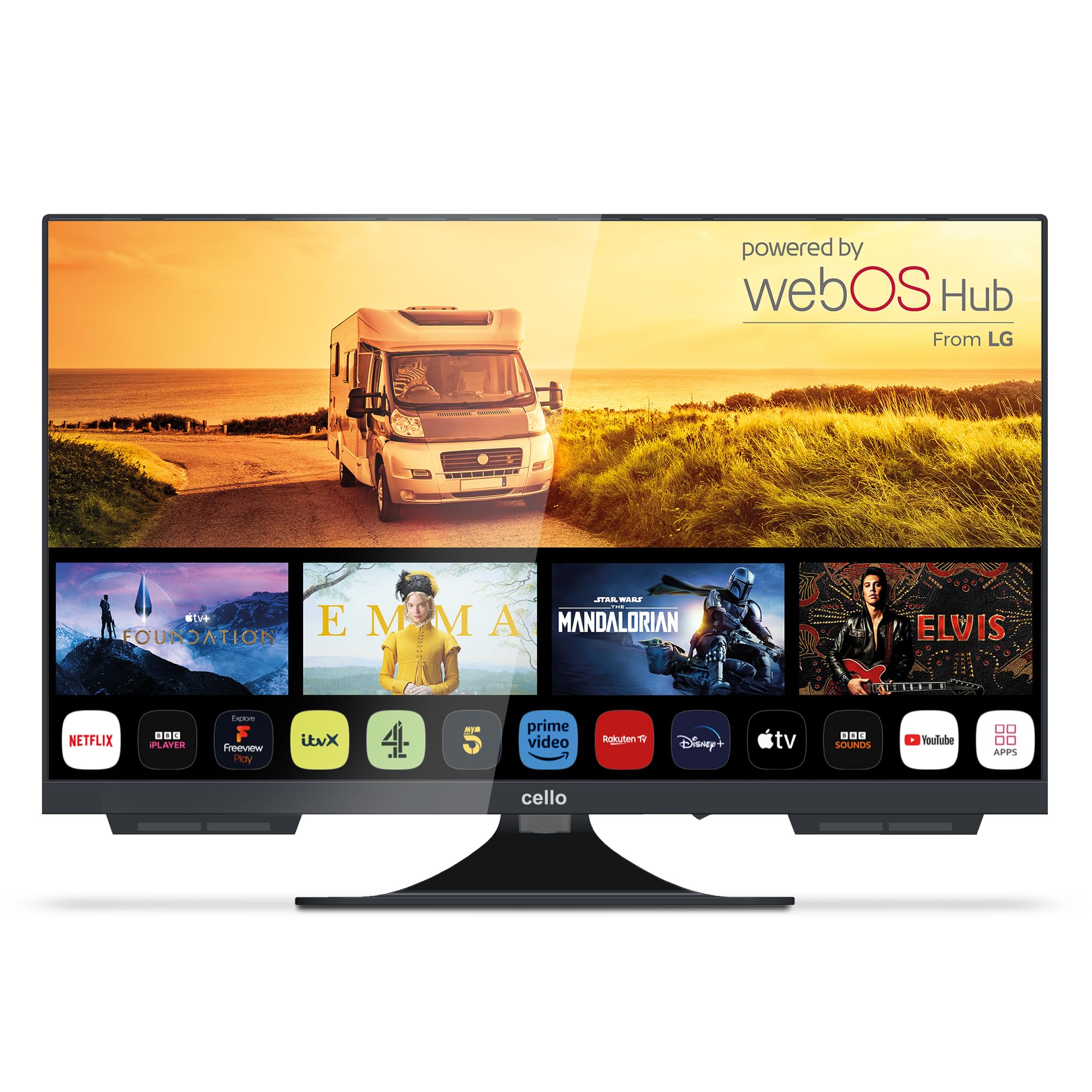22 Inch Cello C2224WS 12V Smart Frameless Travel TV with Pitch Perfect Speakers | WebOS, Freeview Play, FreeSat, Bluetooth, Netflix | Compact TV for Motorhomes, Caravans & Camping | UK Made