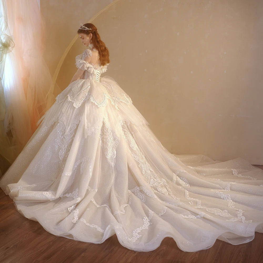 Elegant Organza O-Neck Long Sleeve Wedding Gown with Button Illusion Ruffles - Perfect for Bridal Ceremony, Formal Events & Romantic Photos
