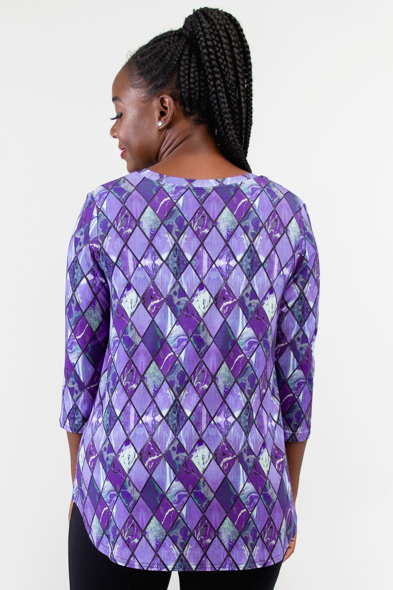 Jackie 3/4 Sleeve Women's Tops - Soft Bamboo Fabric in Violet Windowpane Print - Breathable & Comfortable for Yoga, Workout & Casual Wear - Final Sale