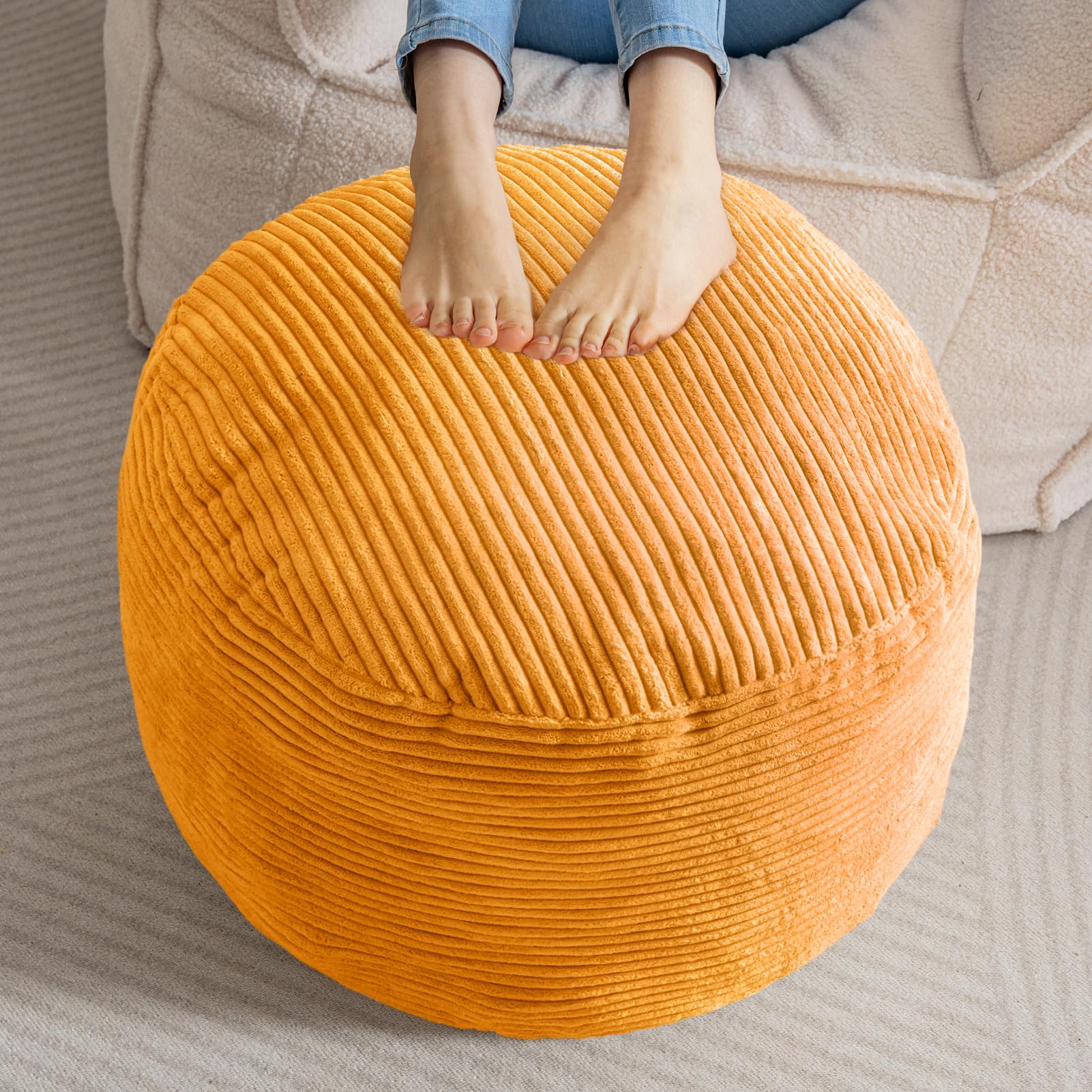 MAXYOYO Round Stuffed Pouf Ottoman - Corduroy Foam-Filled Footrest, 20 x 15 Inches, Orange - Perfect for Living Room, Bedroom & Nursery Decor