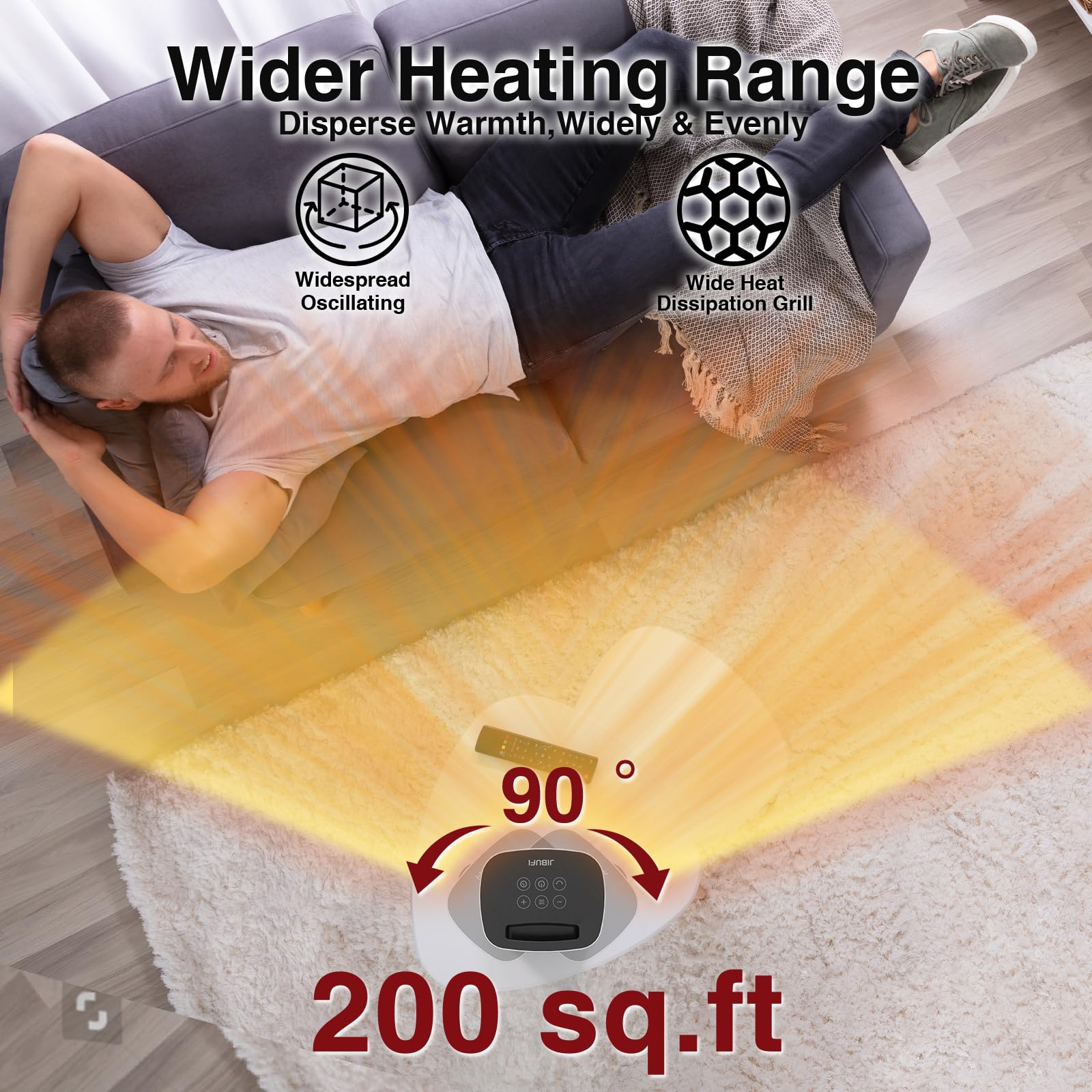 JIBUFI 1500W PTC Electric Space Heater - Portable Indoor Heater with 70° Rotation, Remote Control & 1-12 Hour Timer - Perfect for Bedroom, Office & Home Use - Energy Efficient & Quiet Heating Solution (Black/Gold)