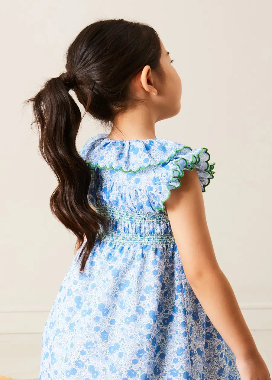 Olivia Floral Smocked Ruffle Collar Sleeveless Dress for Girls - Blue Summer Dress for Baby to Kids (12 Months to 10 Years) | Perfect for Birthday Parties, Family Photos & Special Occasions