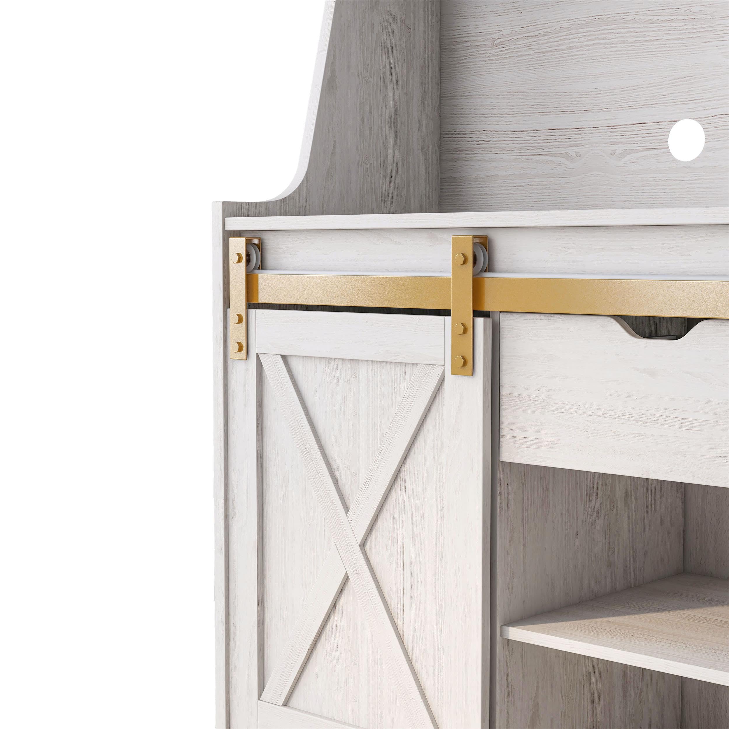 Furniture of America White Oak Baker Rack with Sliding Door - Solid Birch Wood Kitchen Storage Shelf for Pantry, Dining Room & Home Organization