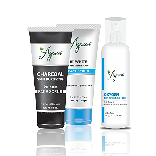Aysun Oxygen Skin Refreshing Toner & Charcoal Face Scrub | BI-White Facial Exfoliator Combo Pack of 3 | Deep Cleansing & Brightening for Acne-Prone & Dull Skin | Daily Skincare Routine & Spa Treatment