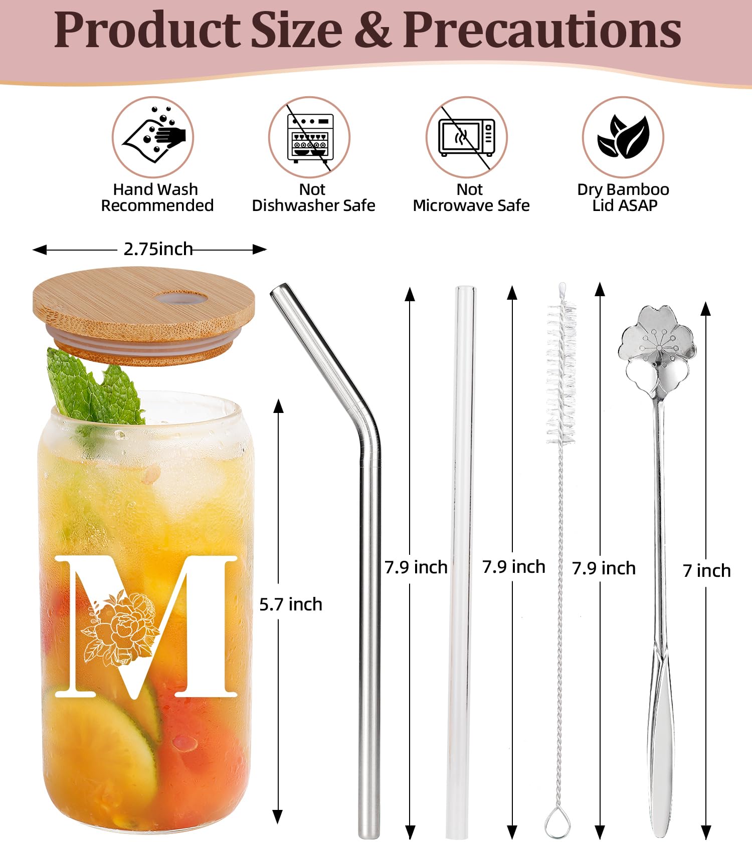 Personalized 16oz Glass Tumbler with Bamboo Lid & Straw - Custom Name Engraved Coffee Cup for Women, Mom - Perfect Gift for Christmas, Birthday, Anniversary - Ideal for Iced Coffee, Smoothies & Home Decor