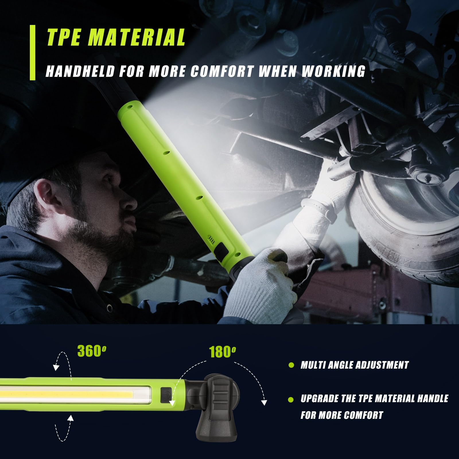 3000LM Bright LED Work Light - 5200mAh Rechargeable Magnetic Underhood Light with Hooks & Power Output | IP54 Waterproof Cordless Mechanic Light for Car Repair, Garage, Construction & Emergency Use