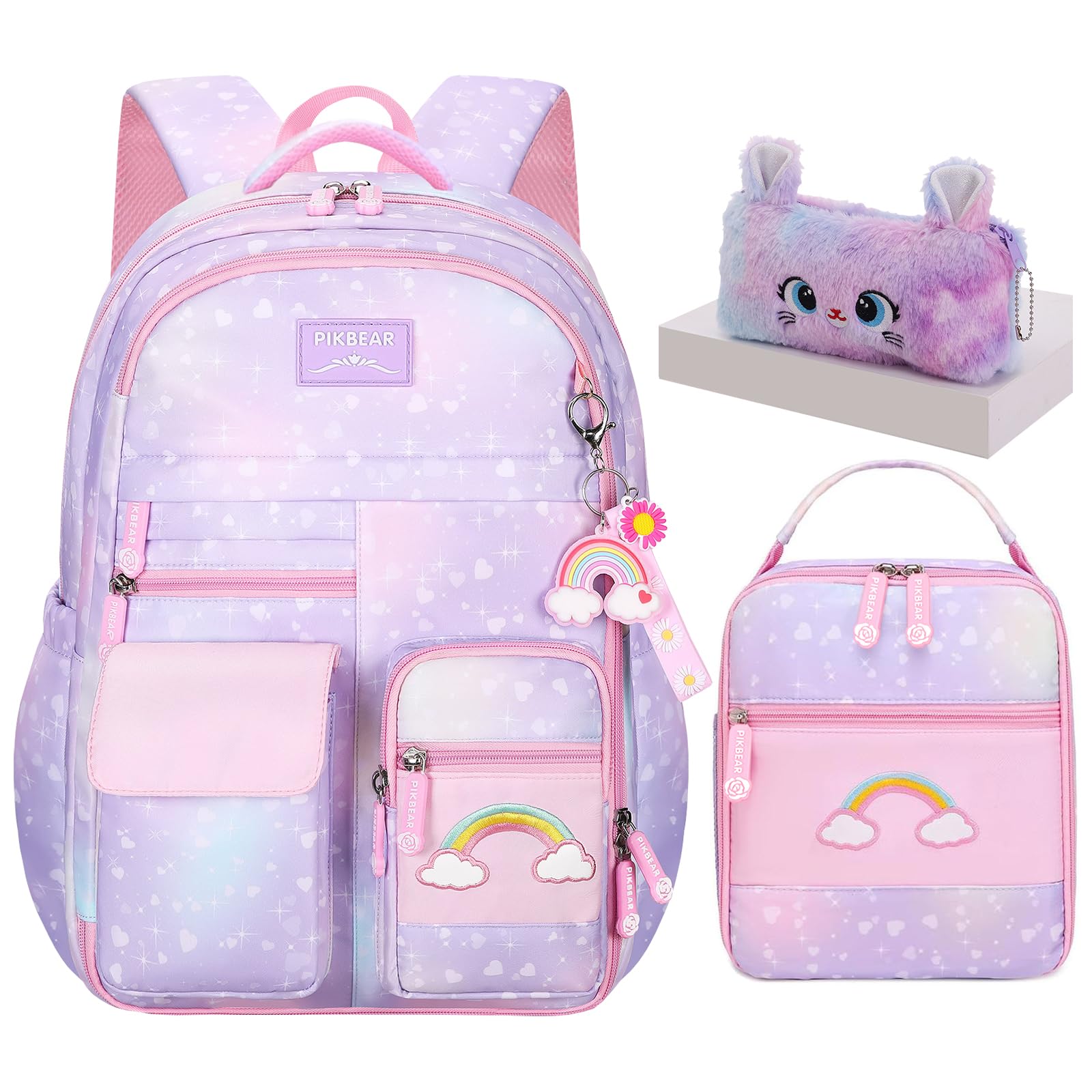 3Pcs Kids Backpack Set for Girls - Cute Rainbow School Backpack with Lunch Bag & Pen Case (Purple, Medium 16.5in) - Perfect for School, Travel & Daily Use