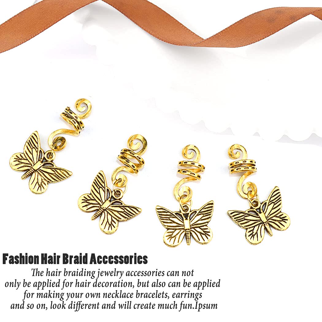 NAISKA Gold Butterfly Hair Beads - Dreadlock Cuffs & Braid Rings for Women - Hair Jewelry Accessories for Boho, Festival & Everyday Style