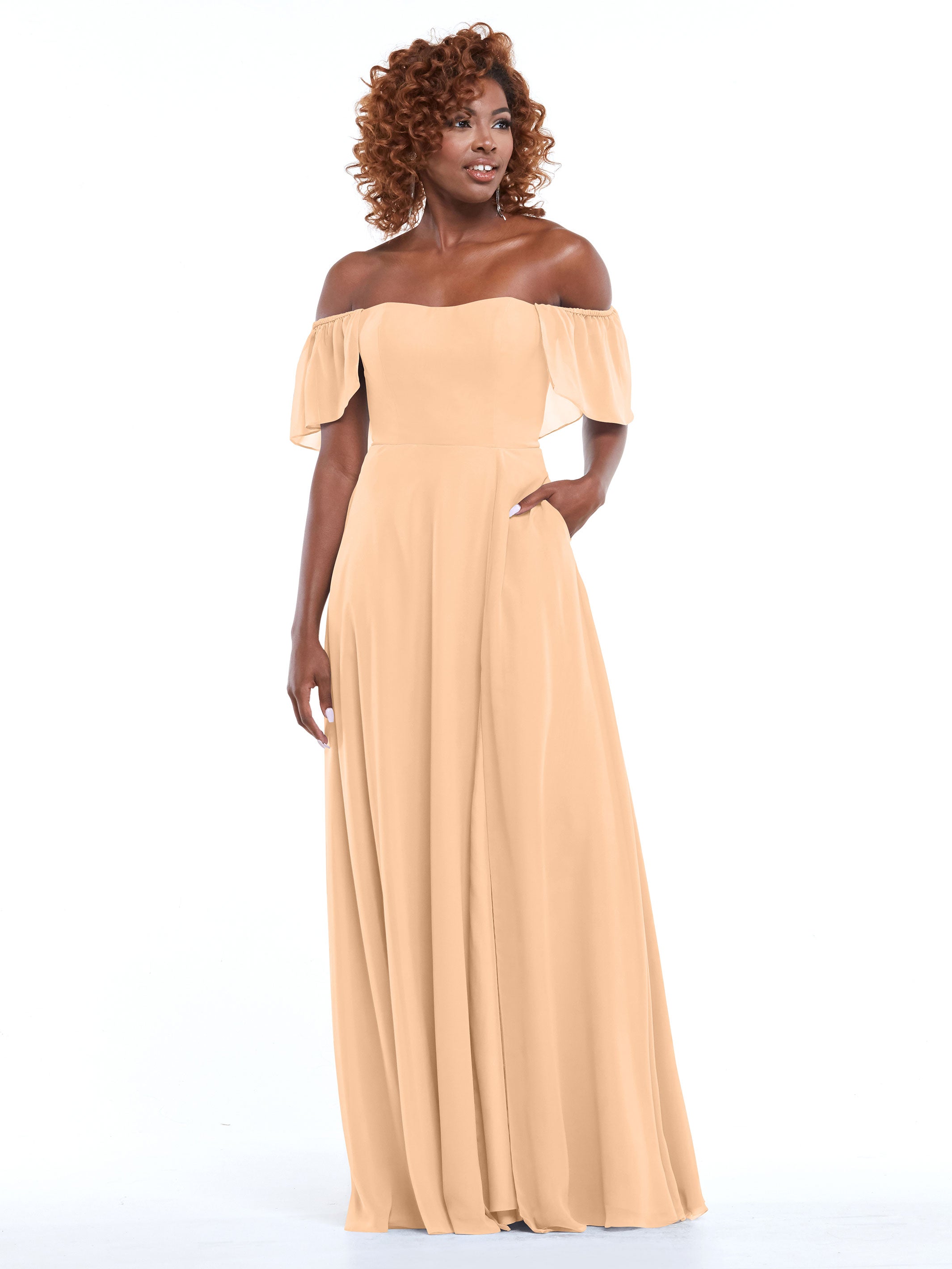 Elegant A-Line Off-The-Shoulder Chiffon Bridesmaid Dress with Pockets - Perfect for Weddings, Formal Events & Special Occasions