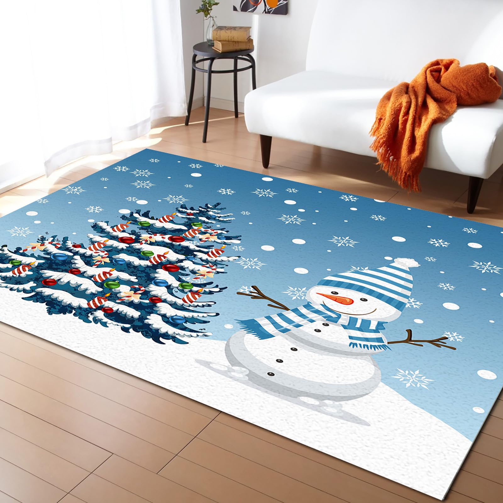 Blue Christmas Snowman Area Rug - Non-Slip Washable Xmas Tree with Balls & Snowflake Design - 4x6 Ft Indoor Floor Mat for Living Room, Bedroom, Dining Room - Perfect Holiday Home Decor (Great for Cozy Winter Gatherings & Festive Celebrations)