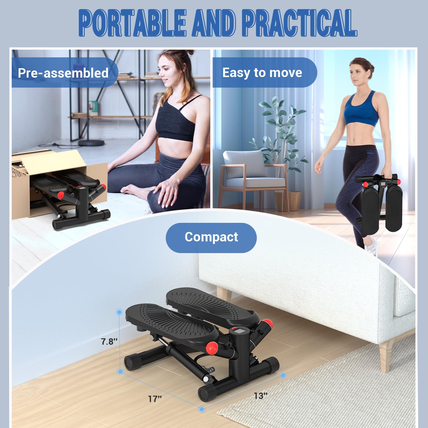 Upgraded Air-Powered Mini Stepper with Resistance Bands - 350lbs Capacity Portable Stair Stepper for Home Workout, Full Body Exercise Equipment for Cardio, Leg & Arm Toning | Perfect for Small Spaces, Office & Apartment Fitness
