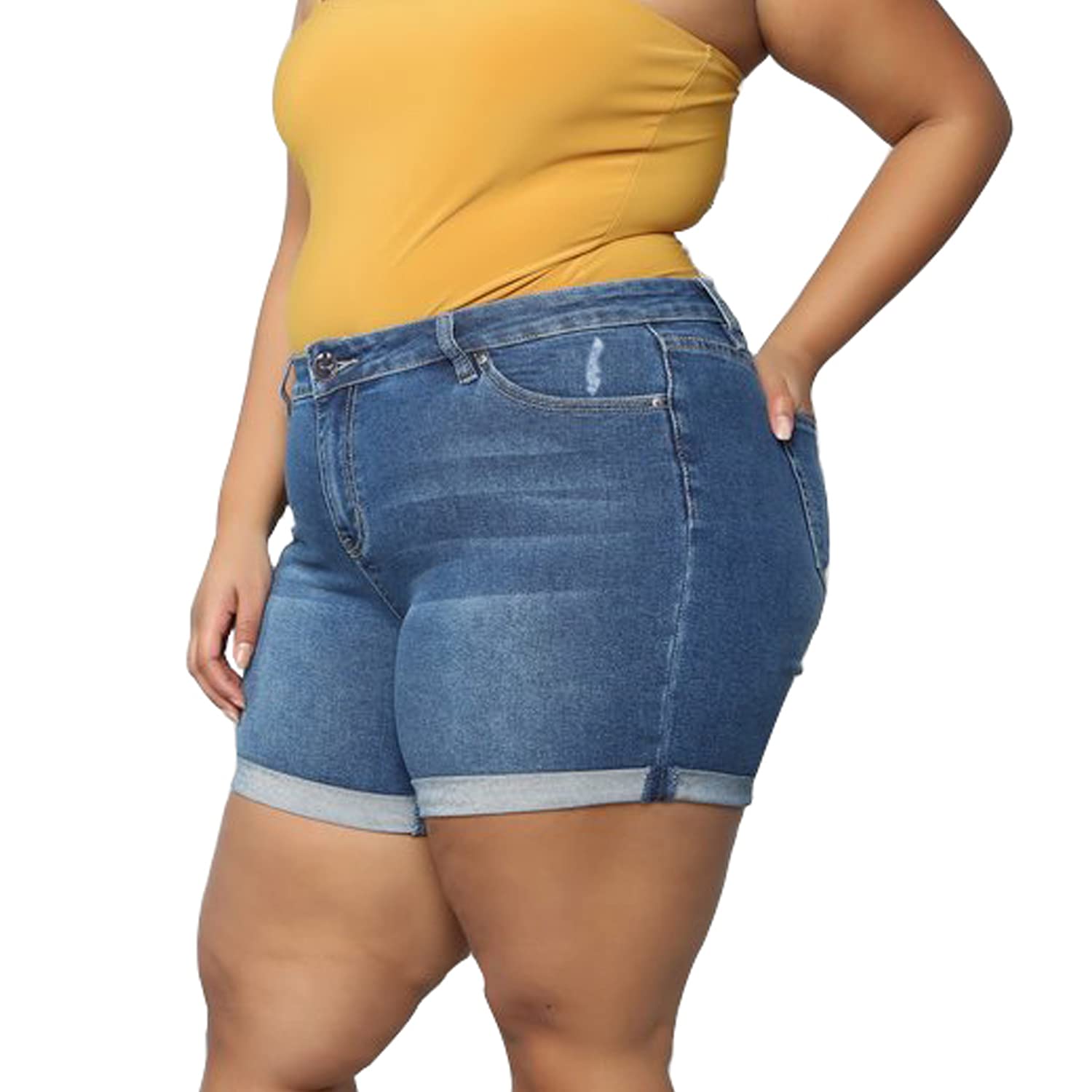 Plus Size Women's Ripped Denim Jean Shorts - High Waisted Stretchy Folded Hem Shorts for Summer | Casual Outfit, Beach Wear, Street Style Fashion
