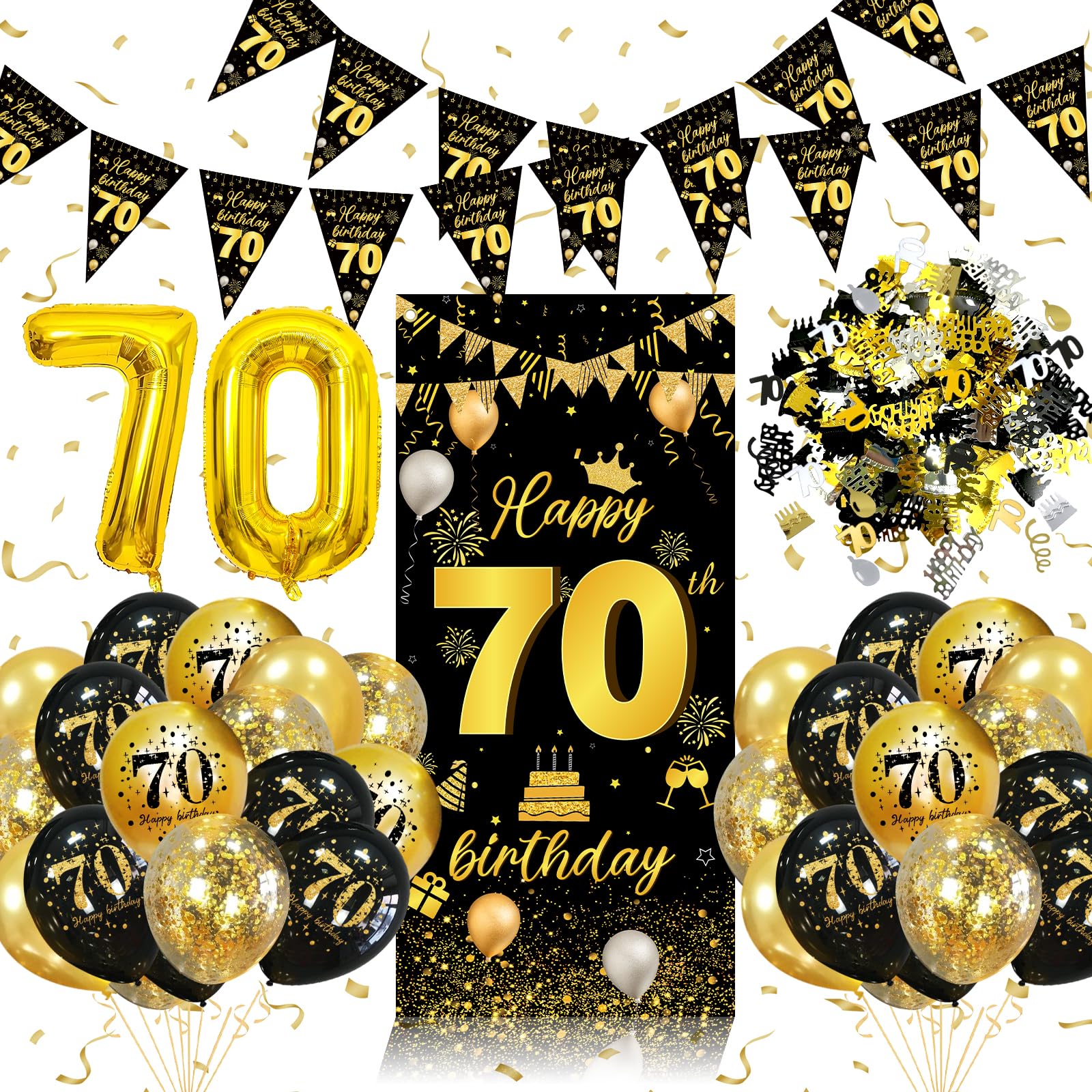 70th Birthday Party Decorations for Men & Women - Black & Gold Happy Birthday Banner, Confetti, 32 Inch Gold Number Balloons | Perfect for Milestone Celebrations, Retirement Parties & Anniversary Events