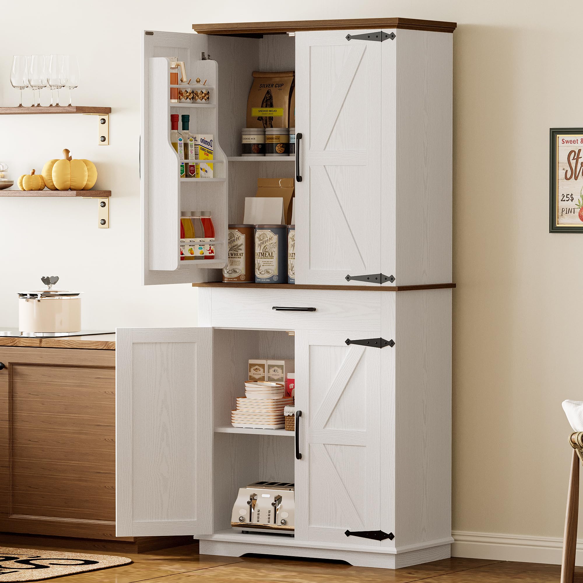 IRONCK Farmhouse Kitchen Pantry Cabinet - 6 Adjustable Shelves, Freestanding Storage Cupboard with Barn Doors for Kitchen & Dining Room (White/Walnut) - Perfect for Organizing Spices, Cookware & Home Decor