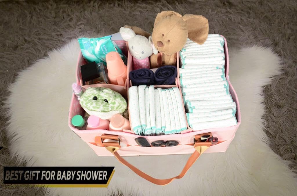 77Star Baby Nappy Caddy Organizer - Portable Felt Diaper Storage Bag for Nursery, Wipes & Baby Essentials - Perfect Newborn Shower Gift (Pink) | Ideal for Diaper Changing Stations, Nursery Organization & Baby Shower Gifts