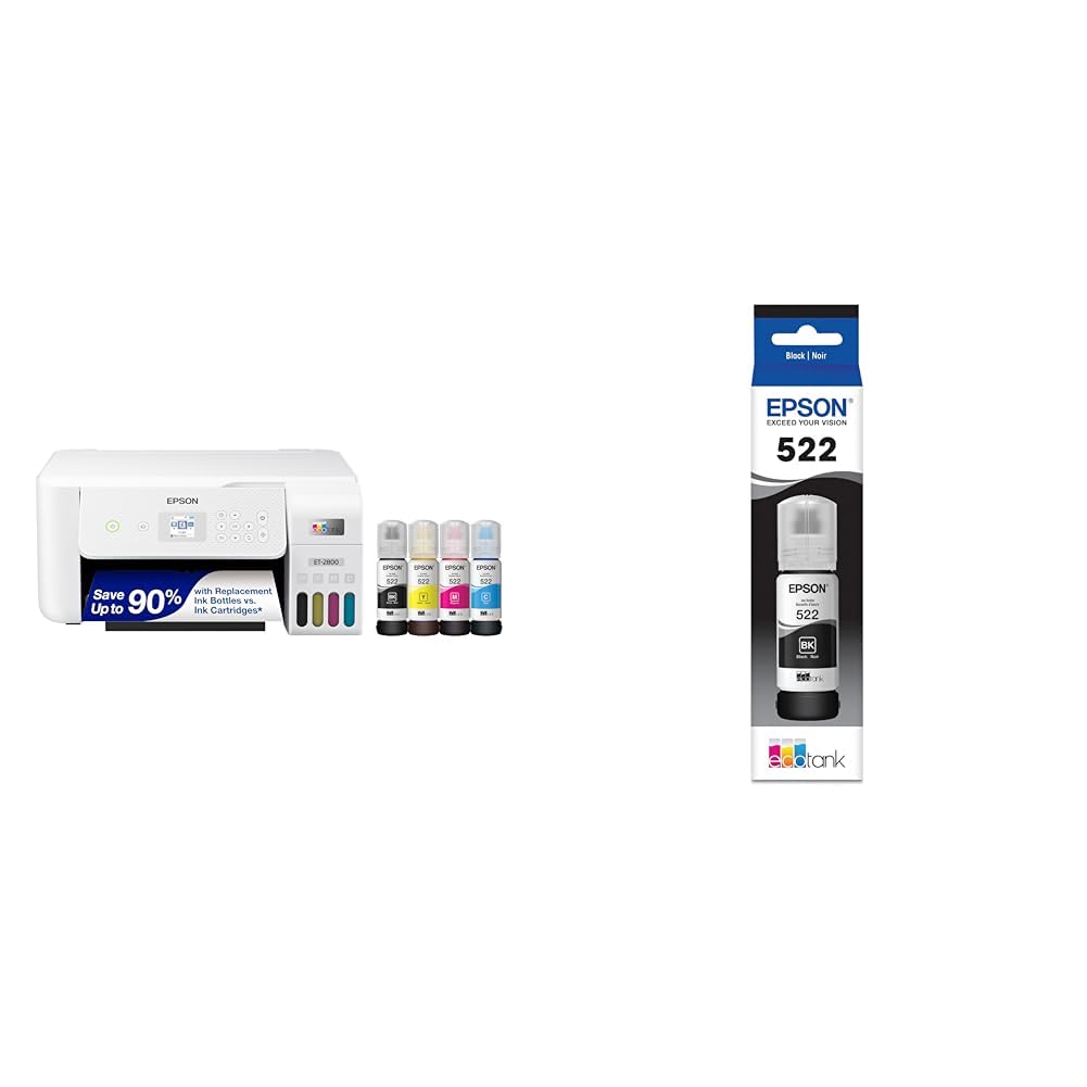 Epson EcoTank ET-2800 Wireless Color All-in-One Supertank Printer with 522 Ultra-High Capacity Ink Bottles (T522120-S) - Cartridge-Free Printing for Home Office, School & Small Business | Fast Wireless Printing, Scanning & Copying