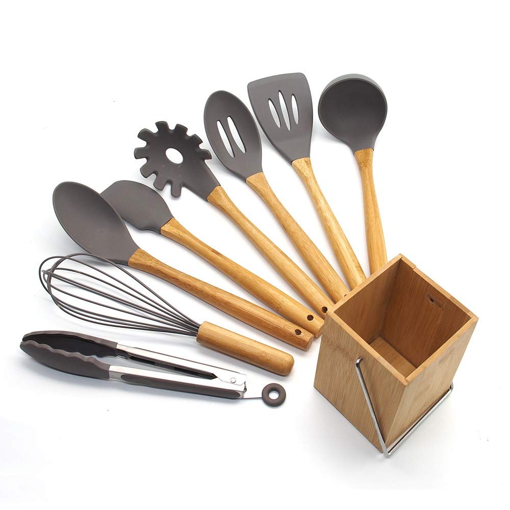 9-Piece Bamboo Handle Silicone Spatula Set - Non-Stick Kitchen Cooking Utensils for Baking, Frying & Mixing (Gray) - Perfect for Pancakes, Eggs & Cake Decorating
