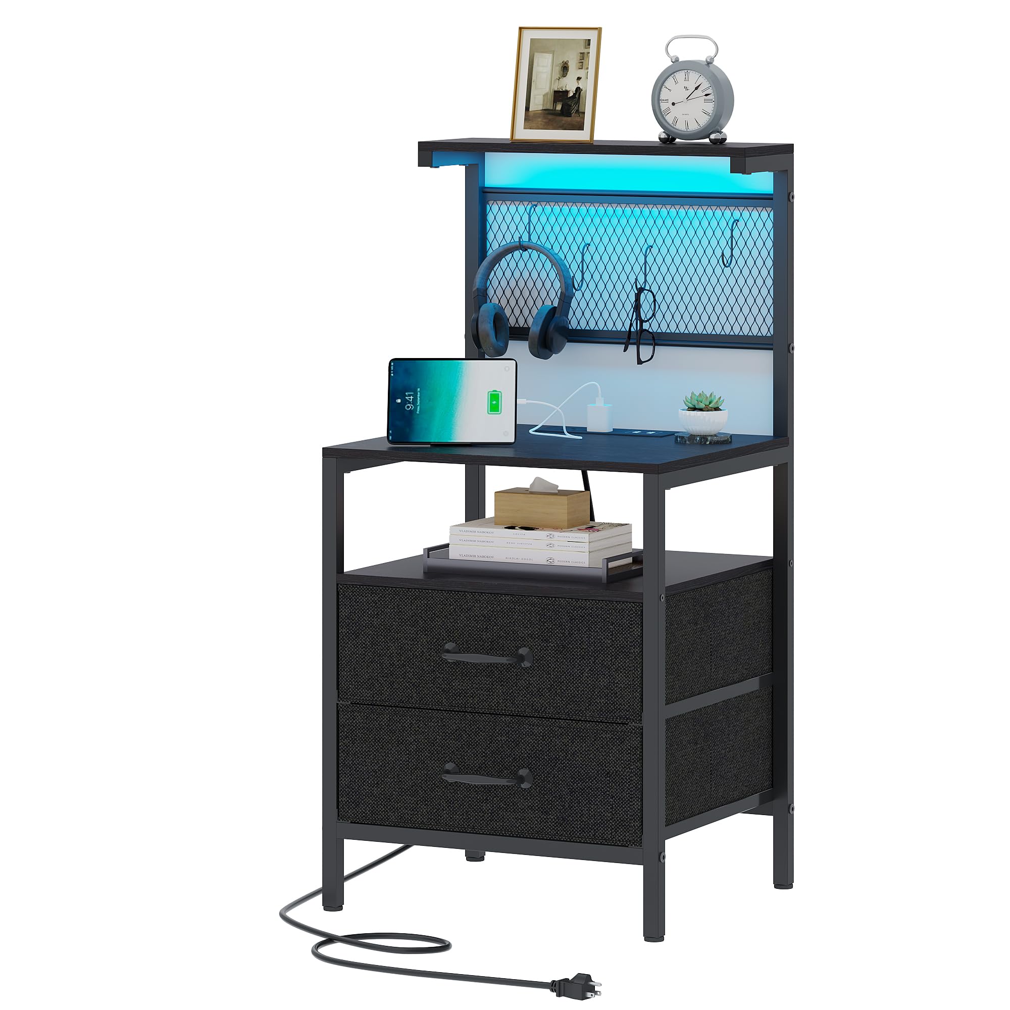 TRIFEBLE 36.4 Inch Tall Nightstand with USB Charging Station, LED Lights & Fabric Drawers - Modern Bedside Table with Storage Shelves, Metal Hooks & Mesh Design - Perfect for Bedroom, Living Room & Small Spaces (Black)