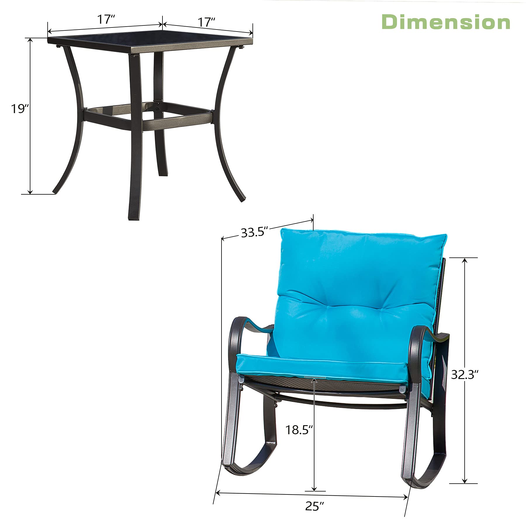 Domi Outdoor Living 3-Piece Rocking Bistro Set - Black Steel Wicker Rocking Chairs with Blue Cushions & Glass Top Coffee Table for Patio, Garden, or Backyard Relaxation