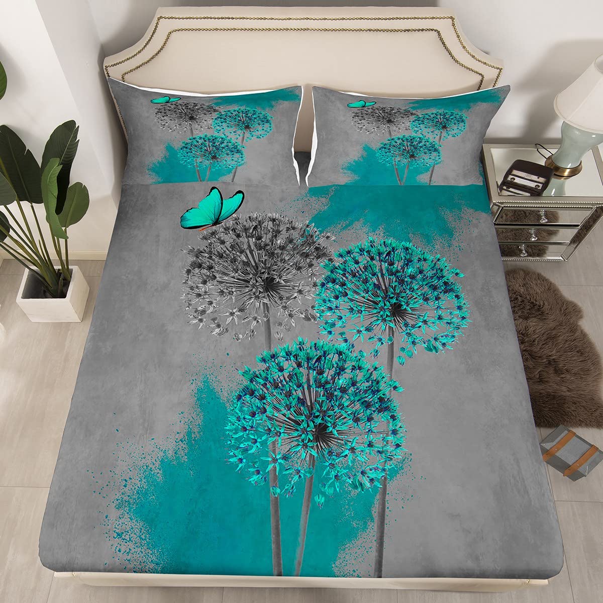 Premium Dandelion Fitted Sheet Set with 2 Pillowcases - Rustic Floral Butterfly Design Microfiber Bedding for Teens & Adults, Queen Size - Perfect for Boho Chic Bedrooms & Cozy Home Decor