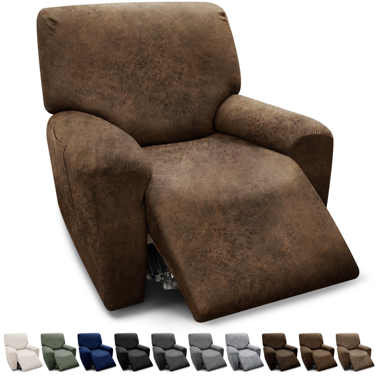 Recliner Chair Covers 4-Piece Set - Leather Look Slipcovers with Pockets for Living Room