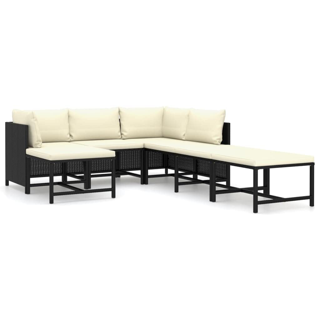 7-Piece VidaXL Patio Furniture Set - Black Poly Rattan Sectional Sofa with Cushions & Footstool for Outdoor Garden, Farmhouse Modern Style - Perfect for Backyard, Poolside & Patio Relaxation