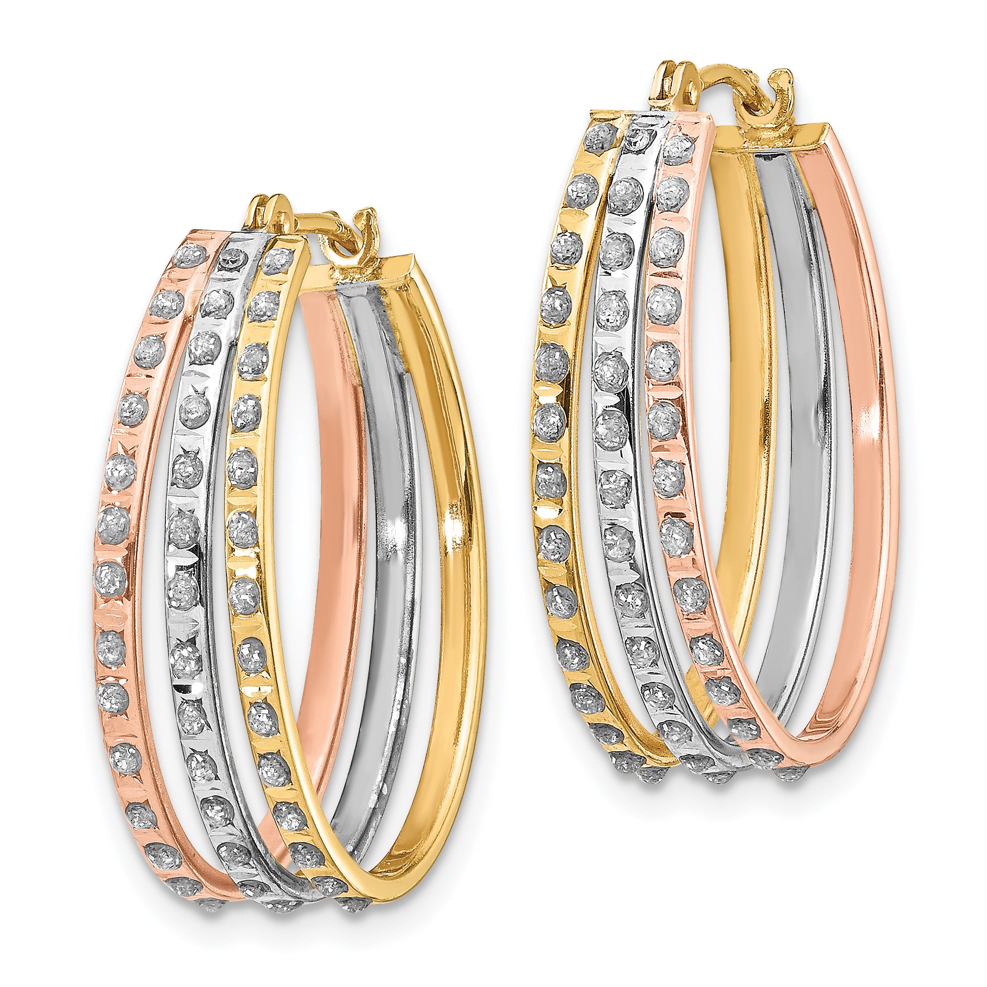 14K Solid Tri-Color Pink White Yellow Gold Diamond 3 Oval Small Hoop Earrings for Women | Elegant Dainty Everyday Jewelry Gift for Her | Perfect for Parties, Weddings & Date Nights