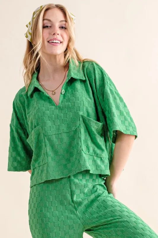 Brushed Texture Checkerboard Pattern Casual Top for Women - Stylish & Comfortable Blouse for Everyday Wear, Work & Outings