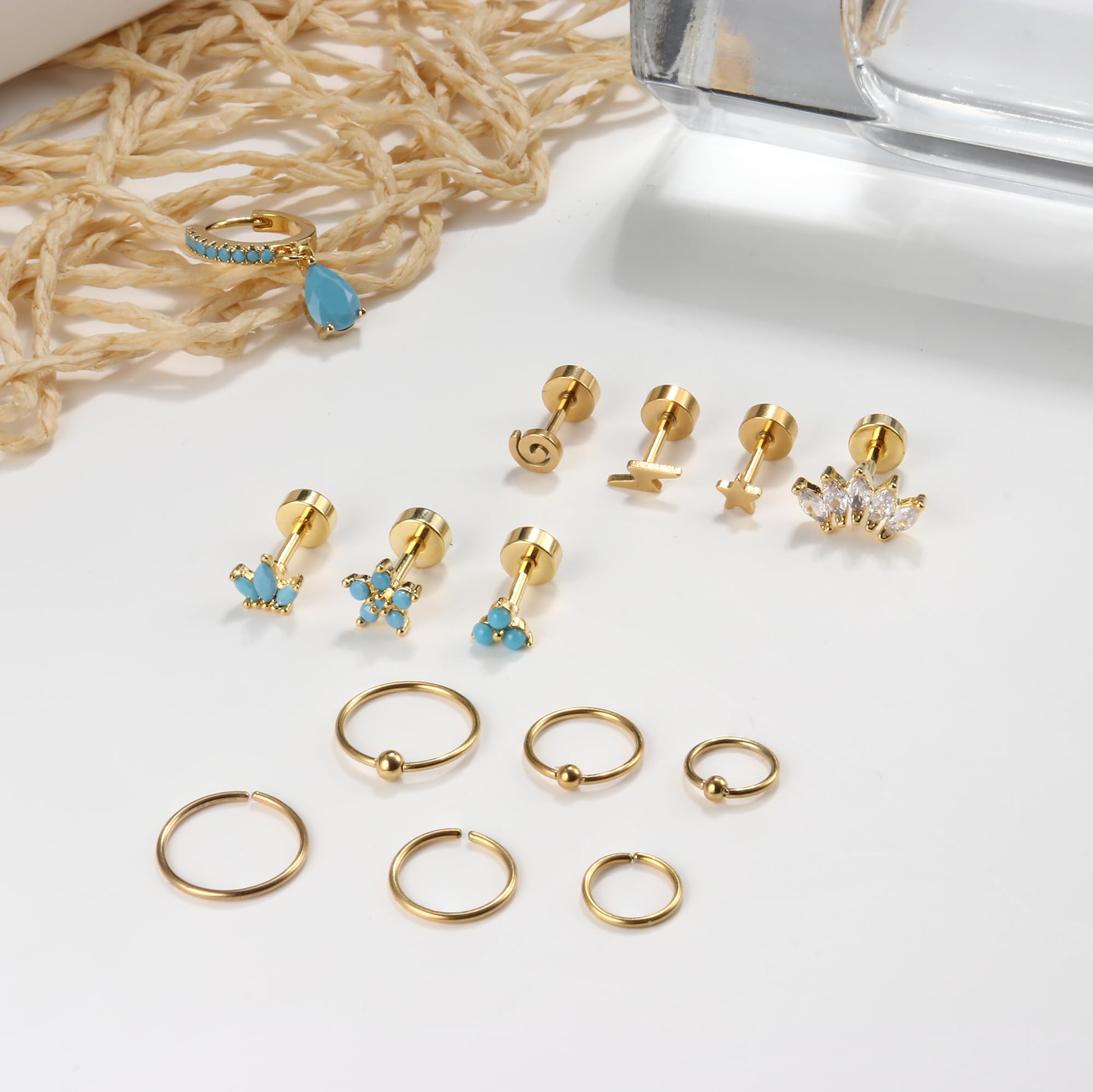14Pcs Surgical Steel Cartilage Earrings Set - Tragus, Rook, Daith Hoop Studs for Women | Turquoise Body Jewelry for Pierced Ears | Perfect for Daily Wear, Parties & Gifts