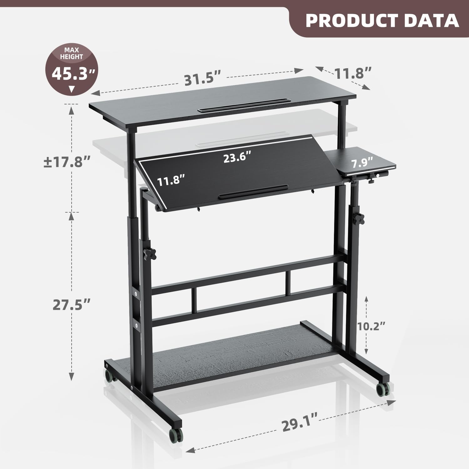 Adjustable Mobile Computer Desk Cart with Wheels - Portable Standing & Sitting Workstation for Home Office - Black - Ideal for Remote Work, Gaming & Study Spaces