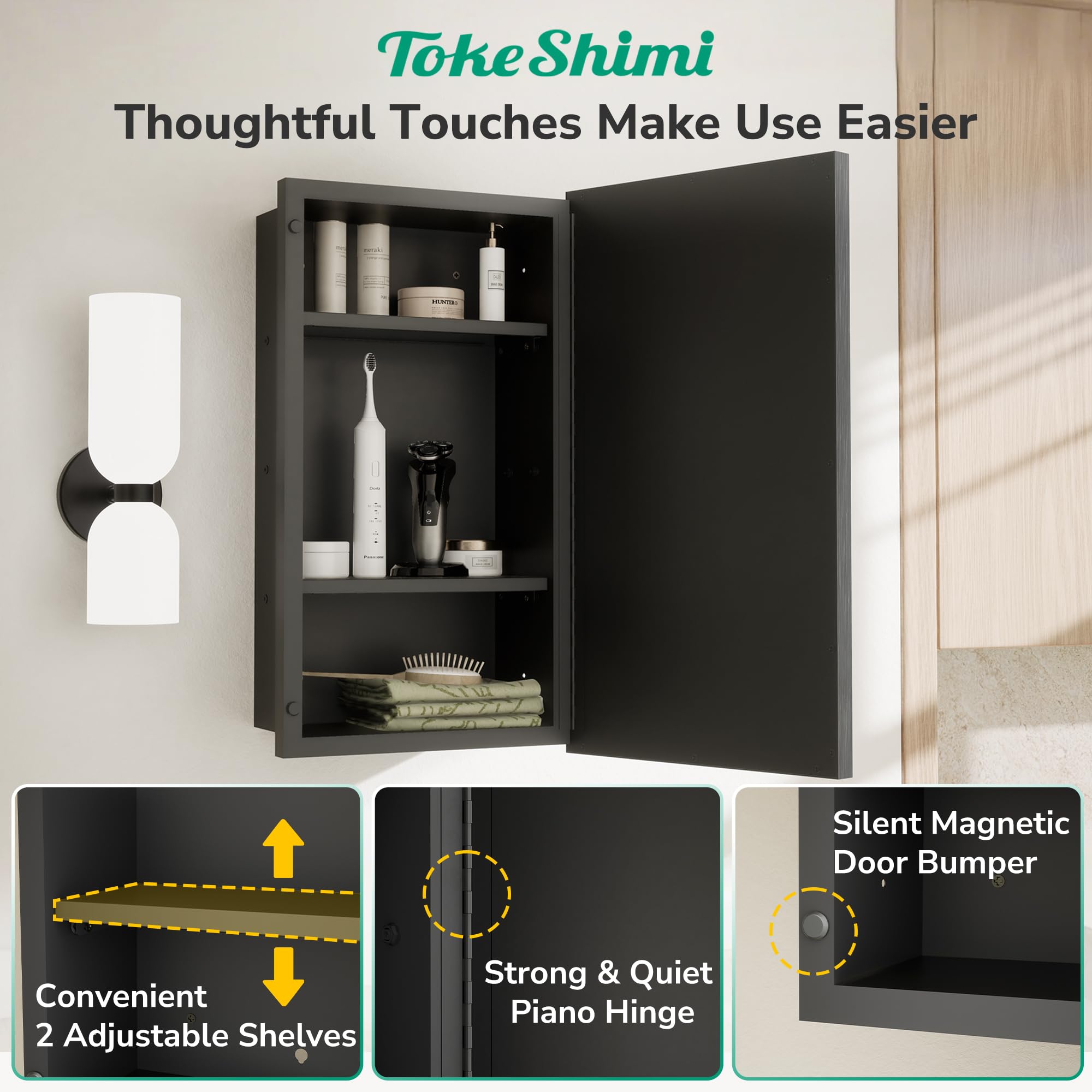 TokeShimi 30x32 Recessed Medicine Cabinet with Mirror - Wall Mounted Bathroom Storage Cabinet, Aluminum Alloy Black Beveled Mirror for Vanity | Perfect for Small Bathrooms, Powder Rooms & Modern Home Décor