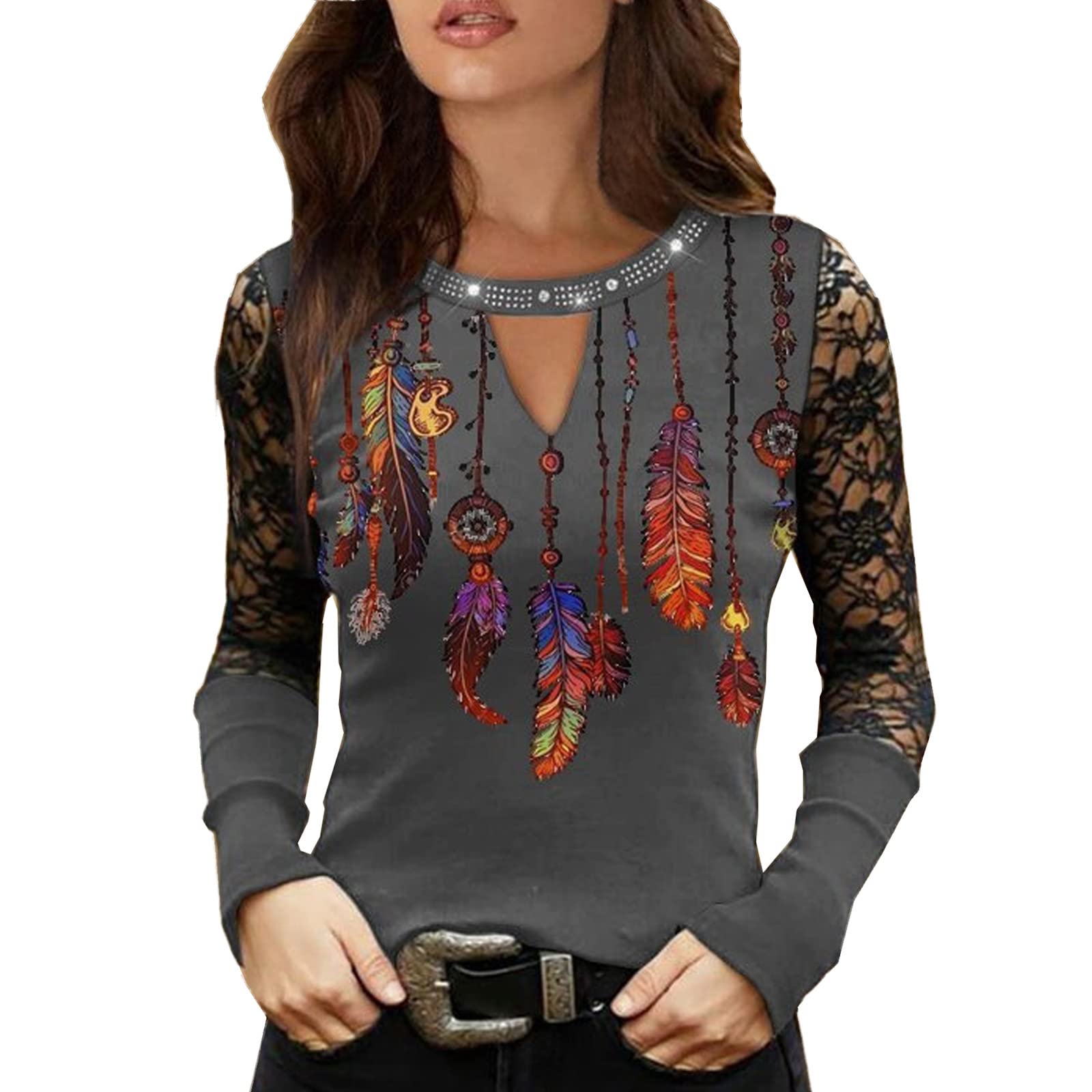 Women's Long Sleeve T-Shirts - Casual Crew Neck Rhinestone Cutout Tunic Tops with Vintage Ethnic Print | Perfect for Fall Layering, Boho Outfits & Casual Wear