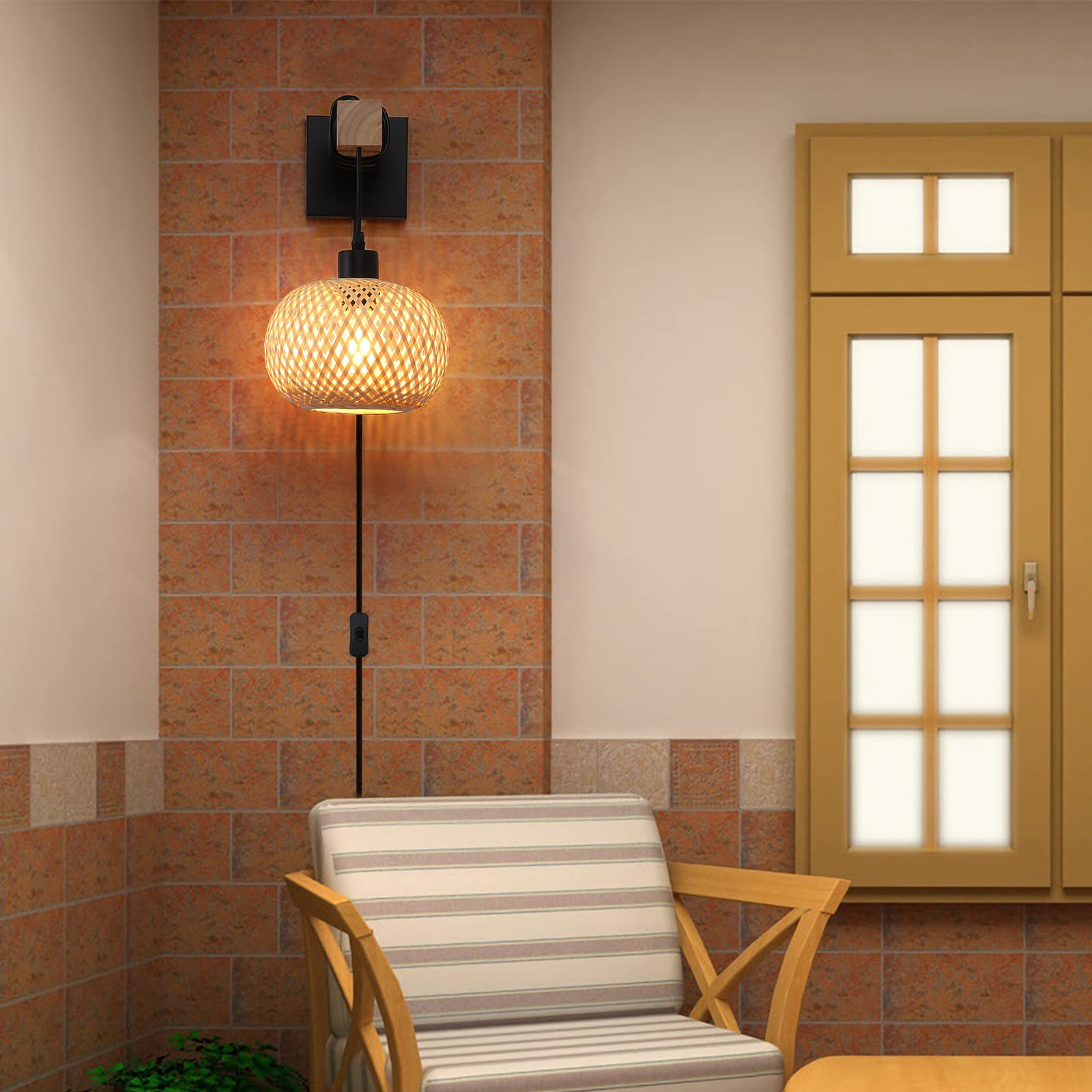 Farmhouse Rattan Plug-in Wall Sconces - Rustic Hand-Woven Bamboo Shade & Wood Beam Wall Light Fixtures - Rattan Bamboo Wall Lamp for Bedroom, Bedside, Living Room - Wall Art Decor (No Bulbs Included) - Perfect for Cozy Bedroom Lighting, Farmhouse Living Room Decor & Boho Home Accents