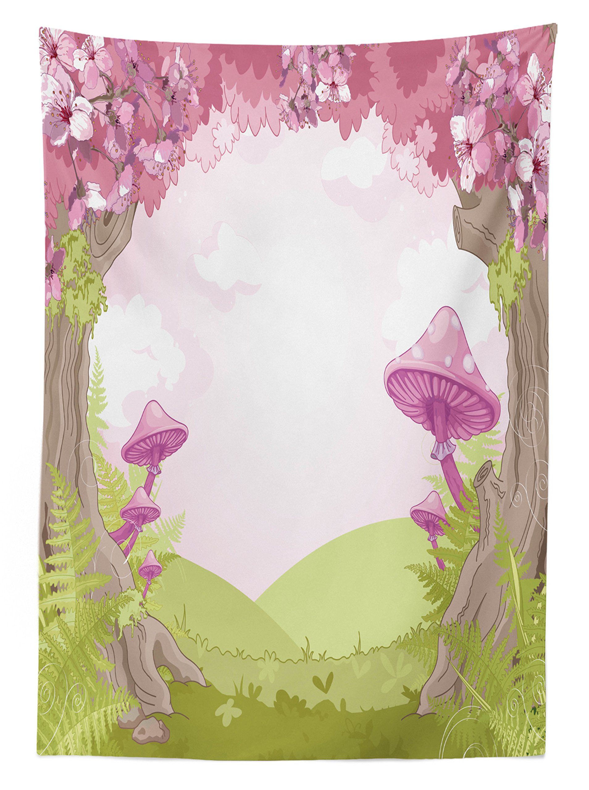 Ambesonne Waterproof Mushroom Print Outdoor Tablecloth - Cherry Blossom Forest Fantasy Design, Washable Picnic Table Cover 58x120 Inches, Green Pink Brown for Garden Parties, Camping & Outdoor Dining