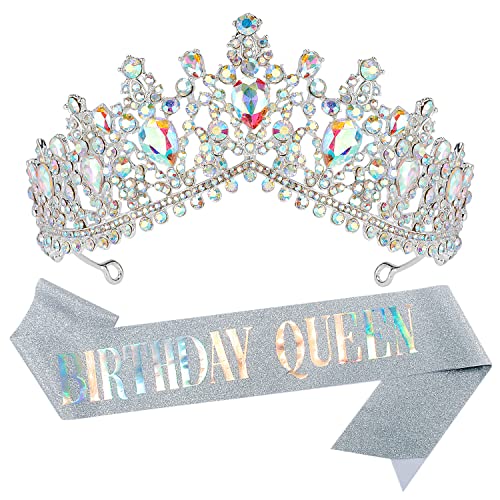 Elegant Birthday Crowns & Tiaras for Women - AB Color Rhinestone Queen Sash Set - Perfect Birthday Party Accessories & Decorations (Great for Bachelorette Parties, Bridal Showers & Special Celebrations)